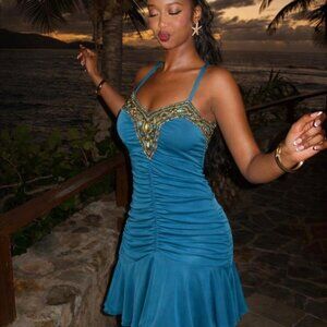 teal halter neck dress